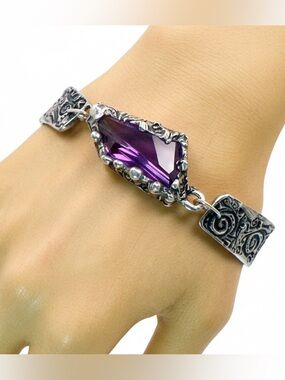 Amethyst Bracelet - Chunky Crystal Intricate Silver Links Adjustable 8"